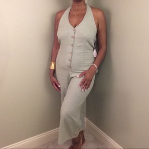Gypsies & Moondust Lgt Green Linen Halter Jumpsuit